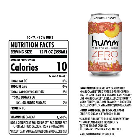 Humm Probiotic Kombucha Zero Sugar Peach Tea No