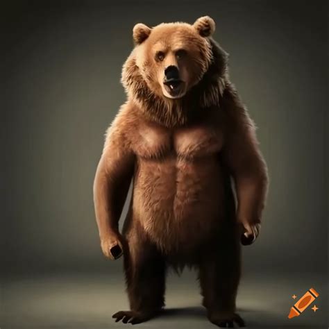 Cuddly Hyper Realistic Grizzly Bear Standing Defensively As A Human On