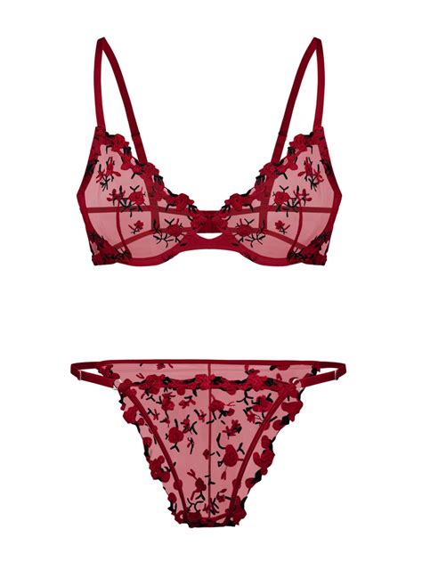 Lilosy Sexy Floral Embroidered Mesh Sheer Underwire Push Up Lingerie Set Women See Through Bra