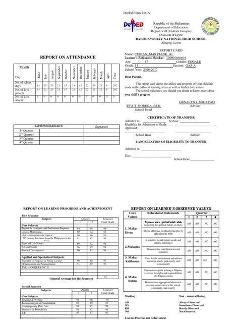 Form 138 Pdf Philippines Physical Education