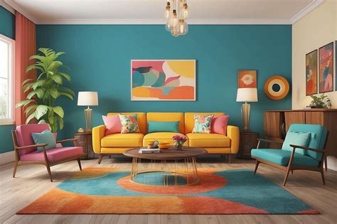 Premium AI Image | 3d rendering vintage colorful living room with retro style