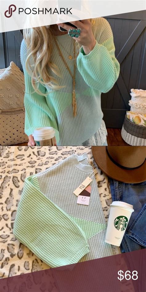 🎉hp🎉mint Gray Color Block Long Sleeve Sweater Color Block Sweater