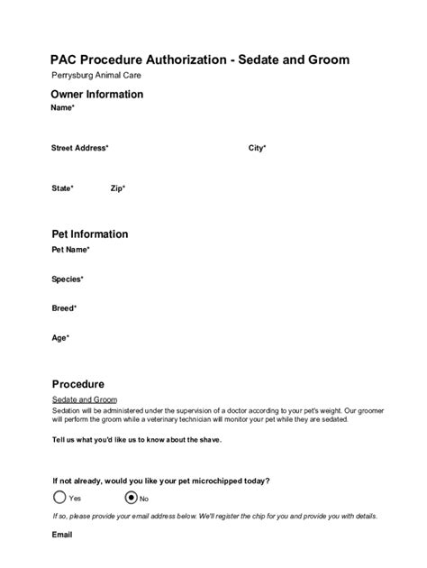 Fillable Online PAC Procedure Authorization Sedate And Groom Fax