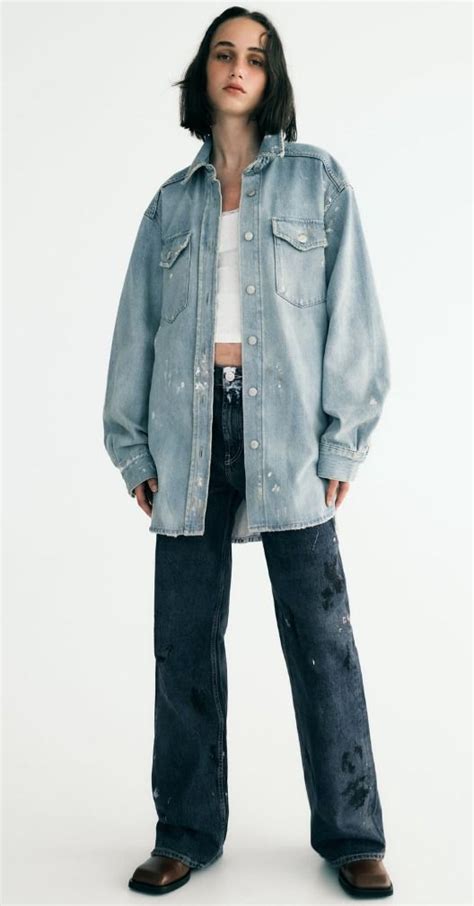 Zara Fw Paint Splatter Oversized Trf Denim Overshirt