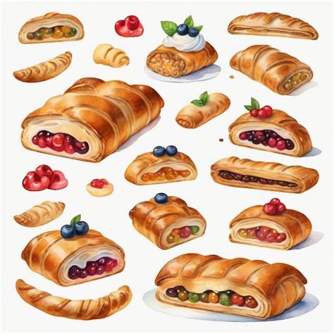 Un dessin d un croissant avec différents types de pâtisseries Vecteur