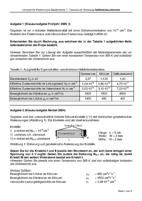 Tutorium Aufgaben Lehrstuhl F R Elektronische Bauelemente