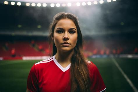 Hermosa jugadora de fútbol usa camiseta roja en el campo Foto Premium