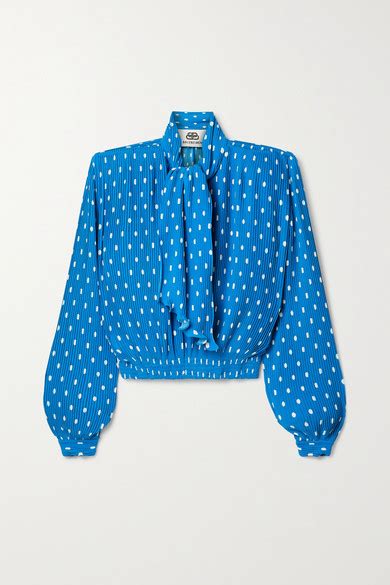 Balenciaga Dynasty Pussy Bow Polka Dot Plisse Crepe Blouse Azure ShopStyle Tops