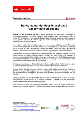 Banco Santander Despliega El Pago Sin Contacto En Espa A Pdf