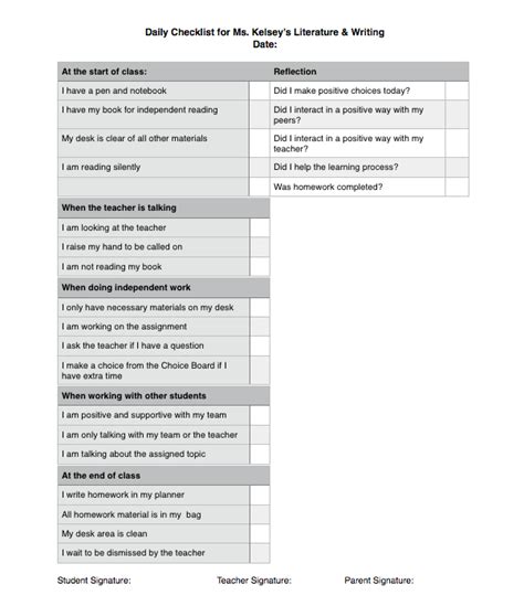 Printable Self Monitoring Checklist For Students