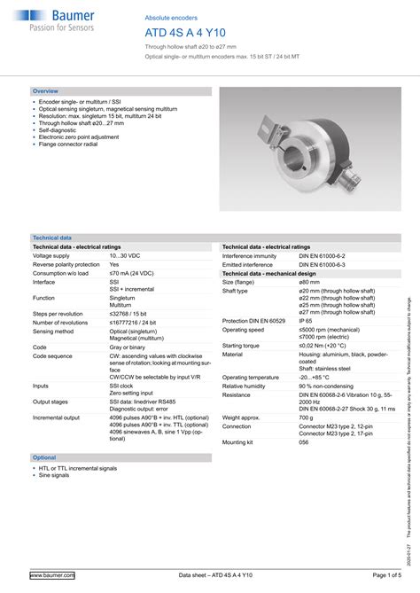 Baumer Atd S A Y Absolute Encoder Data Sheet Manualzz