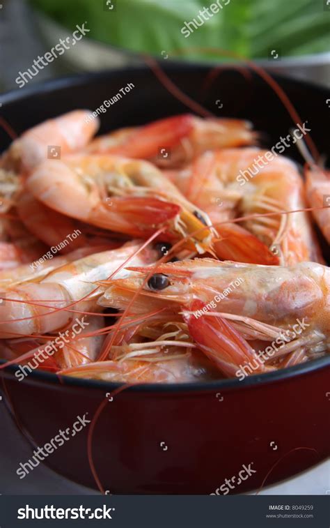 Whole Fresh Cooked Prawns In Shell Unpeeled Stock Photo 8049259