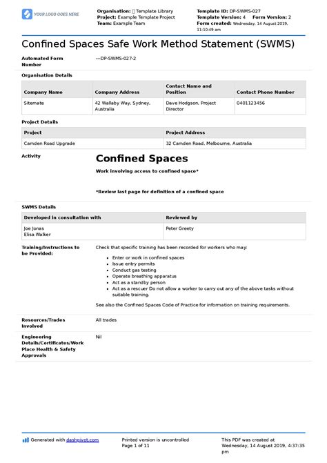 Example Safe Work Method Statement Use Or Copy This Example Swms