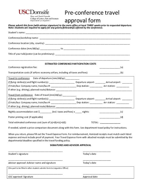 Fillable Online Dornsife Usc Pre Conference Travel Approval Form Fax