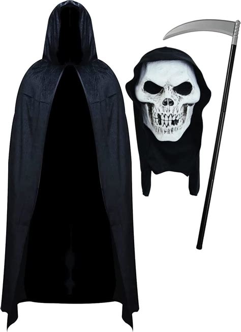 Adult Unisex Grim Reaper Skull Hooded Mask Scythe And Black Hooded Cape Fancy Dress Costume For