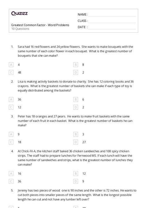 Greatest Common Factor Worksheets For Th Grade On Quizizz Free