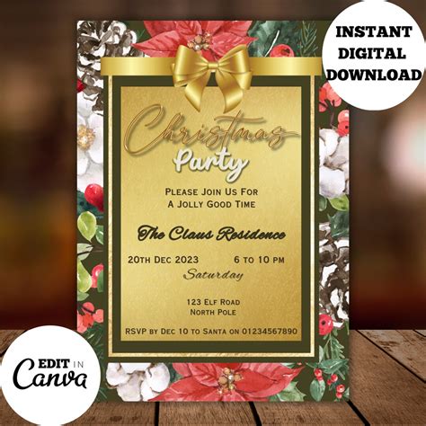 Editable Elegant Christmas Party Invitation Holiday Party Invite Template Floral Leafy Green