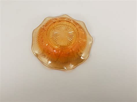 Vintage 1950s Jeanette Glass Iridescent Carnival Glass Marigold Iris And Herringbone Ruffled