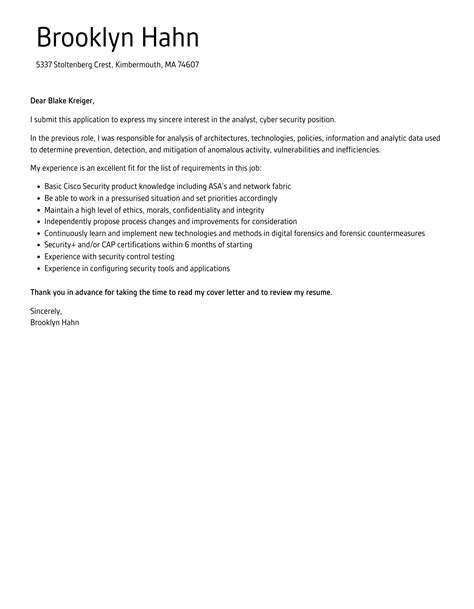 Analyst Cyber Security Cover Letter Velvet Jobs