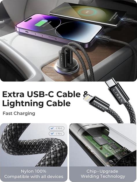 Lisen 90w Usb C Car Charger Fast Charging Dual Usb C Port Pd 45w Cigarette Lighter