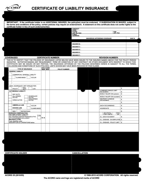 Acord Certificate Of Liability Insurance Template