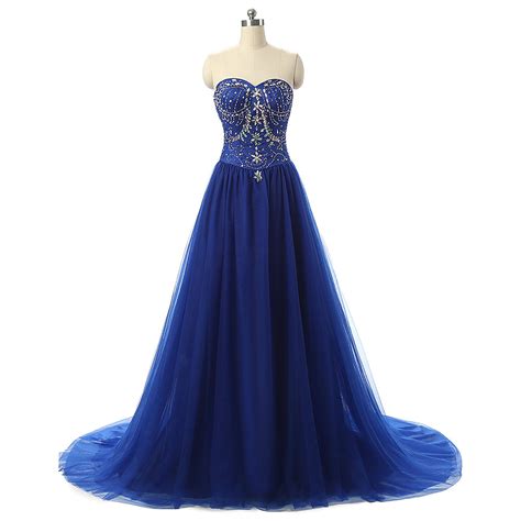 Royal Blue Strapless Sweetheart Long Prom Dress With Beaded Bodice On