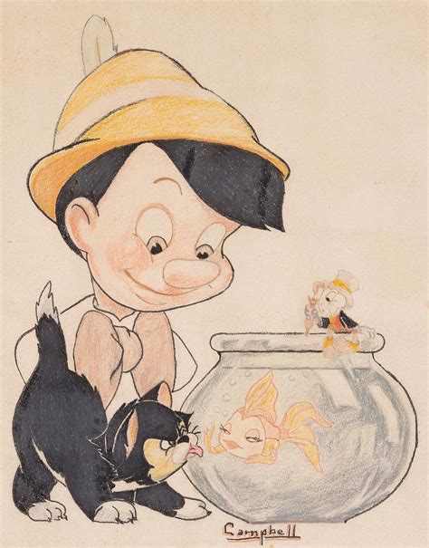 Pinocchio Figaro Cleo And Jiminy Cricket Illustration 1940s