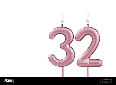 Lit Birthday Candle Candle Number 32 On White Background Stock Photo