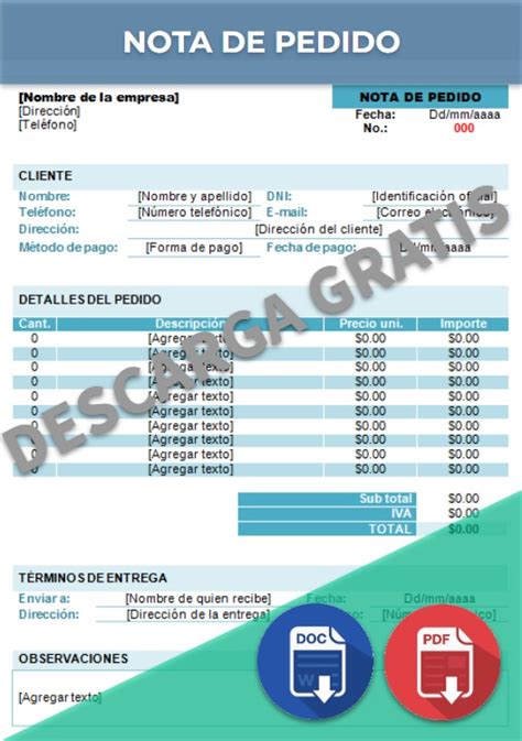 Nota De Pedido Ejemplos Formatos Word Excel