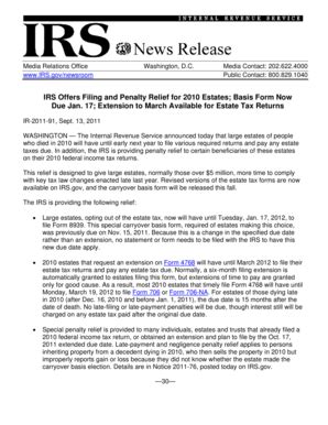 Fillable Online IRS Offers Filing And Penalty Relief For 2010 Estates