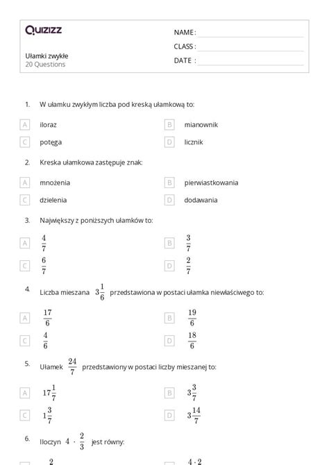 Ponad 50 Modele Ułamkowe Arkuszy Roboczych Dla Klasa 5 W Quizizz