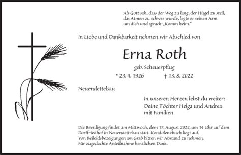 Traueranzeigen Von Erna Roth Trauer Flz De