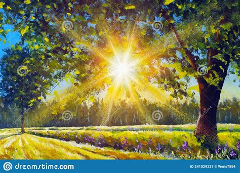 Acrylic Painting Big Oak Tree In The Sun Sunny Landscape Stock Image