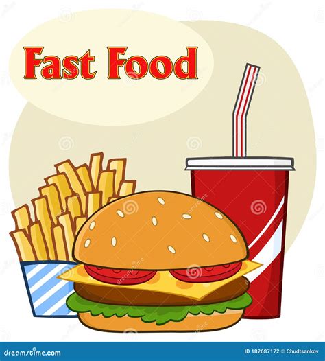 Fast Food Hamburger Drink and French Fries Cartoon Drawing Simple ...