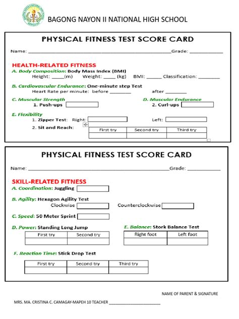 Physical Fitness Score Card Pdf