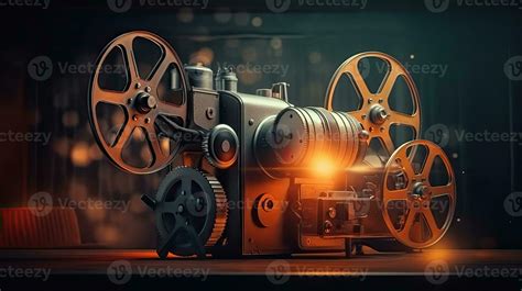 A Movie Projector And Film Reels On A Dark Background Cinema Concept