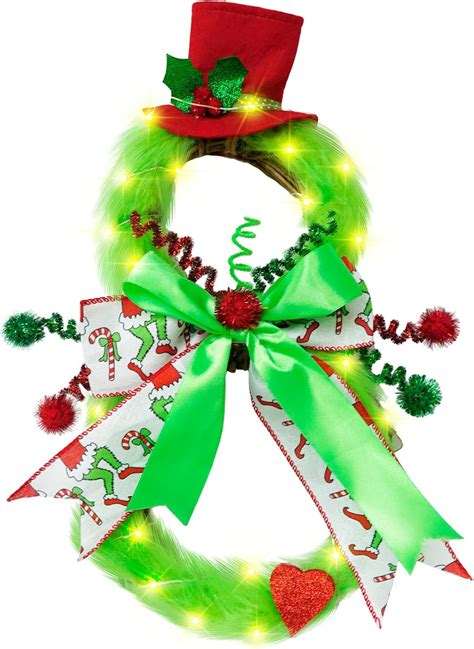 Grinch Christmas Wreath For Front Door Fairy Light Grinch Wreath For Christmas Tree Decorations