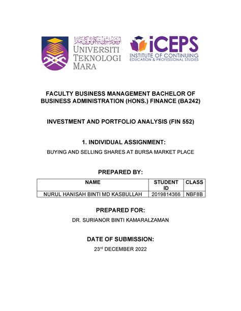 Fin Individual Assignement Faculty Business Management Bachelor Of