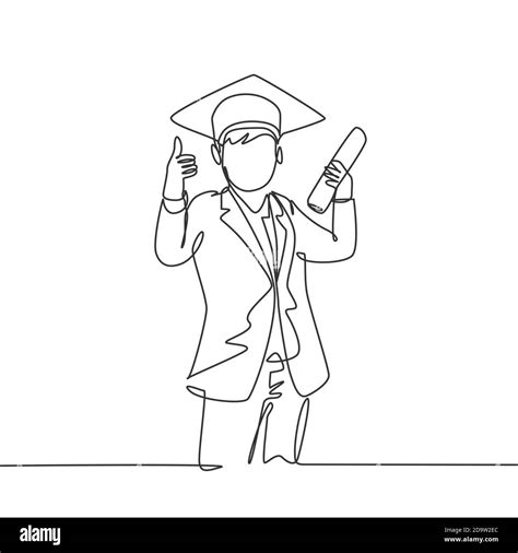 One line drawing of young happy boy student wearing graduation hat and giving thumbs up gesture ...