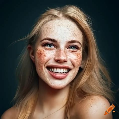 Portrait Of A Beautiful Young Woman With Freckles And Blonde Hair On