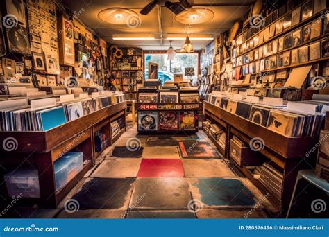 An Interior Shot Of A Retro Record Store With Shelves Filled With Vinyl