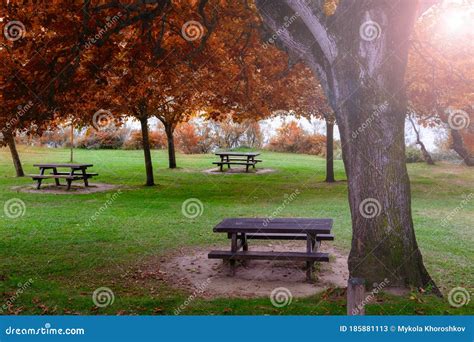 Picnic Table In Autumn Park Stock Image Image Of Autumn Seasonal