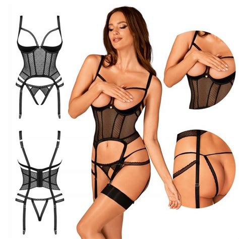 Czarny gorset otwarty komplet bielizny z dziurką Obsessive Lanelia sex