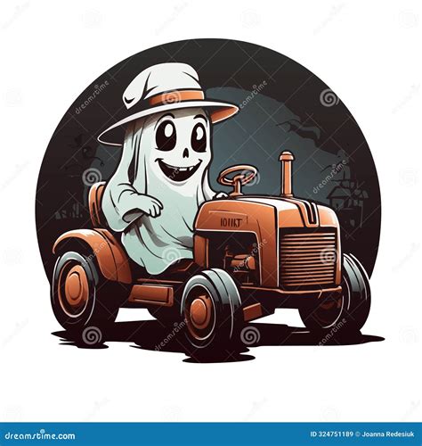 Graphic Of A Ghost In A Hat Riding An Old Brown Tractor Stock