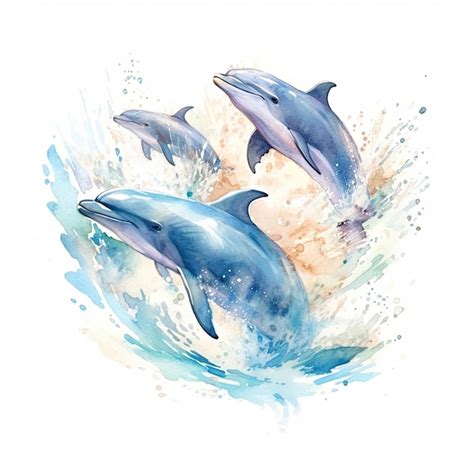 Premium Photo Watercolor Of A Pod Of Dolphins Swimming And Jumping