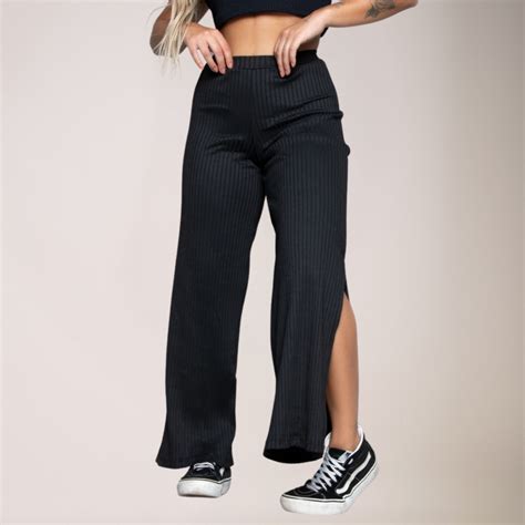 Cal A Flare Pantalona Cintura Alta Fenda Preto Vekyo Moda