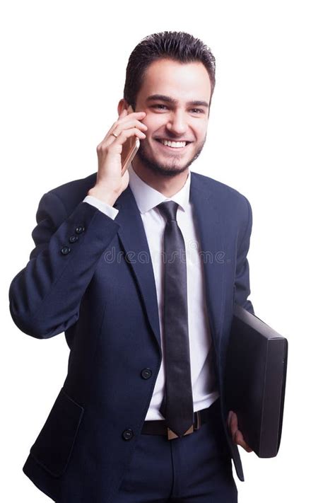 Homem De Neg Cios Feliz No Terno Que Sorri Ao Falar No Telefone Foto De