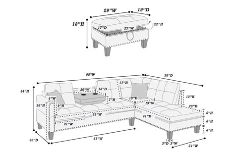 2pc Sectional with Storage Ottoman (4 Color Options)