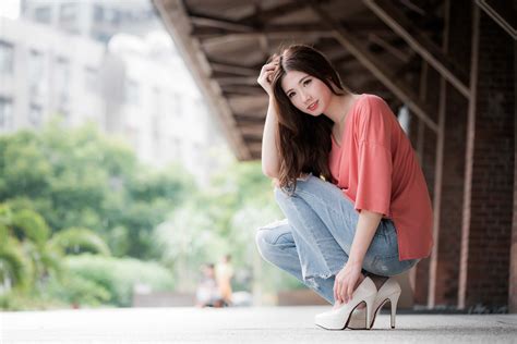 4k Asian Bokeh Brown Haired Sitting Hands Legs Stilettos Jeans