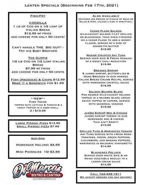 Lent Menu Dimarcos Bistro And Cantina Call To Order 724 438 1611